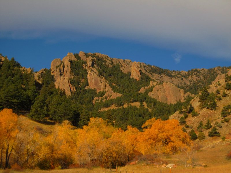 An October view of Dinosaur Mountain Crags from the Devil's Thumb Trailhead.