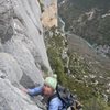 Anne topping out on 'Double Fond' a must do 5 pitch .11d.