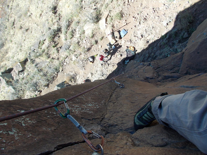 Looking down "Sunset Arete" from just below the anchors.