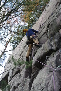 Mike Sohasky at the crux moves on the lead of "Fritz".  Second best route on this wall behind the stellar Weissner Face IMHO.
