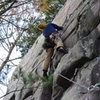 Mike Sohasky at the crux moves on the lead of "Fritz".  Second best route on this wall behind the stellar Weissner Face IMHO.