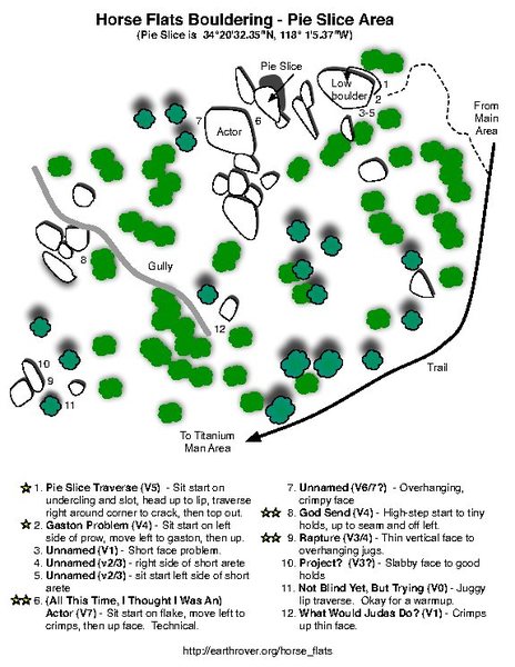 Map of problems at the Pie Slice area, to the right of the main trail a few minutes past the main area.