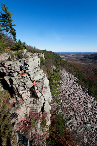 Steve belaying his partner up the Double Overhang on a beautiful fall day. 