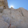 Climbing past peewee block on Pitch 6. We went right of the block; easy climbing