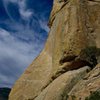 Note Old Dude Attitude (5.12-) on right with seriously long run-out past first bolt through 15 ft of 5.11R slab climbing.  There is serious deck potential on this slab.