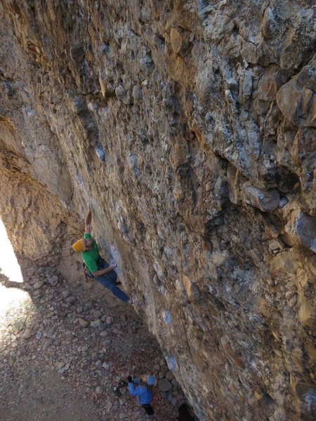 Mono, on Meathook Sodomy 5.13a. This short route revolves around a grievous boulder problem from the second to third bolt.