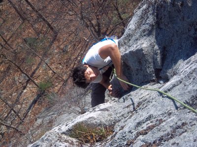 Adam pulls past the crux on pitch 2(5.9) of Keep on Struttin(5.9)