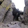 Looking back at the cave and chockstone. This is normally the rappel route, but it can be climbed at around a 5.7 grade.