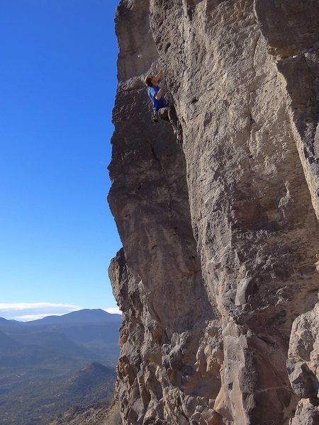 Hagen high on the route through the crux of the arete. 