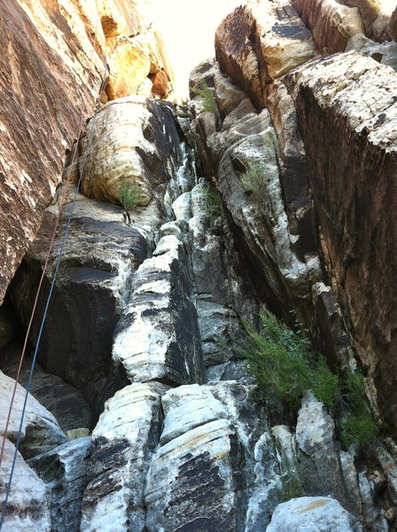 Third Pitch - Solar Slab Gulley <br>
5.3 climbing <br>
<br>
Picture by ClimbPHX.com