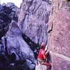 Todd Skinner on Strategic Defense (5.11c), City of Rocks<br>
<br>
Photo by Bill Hatcher