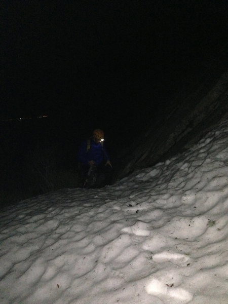 Somewhat grainy - bottom of knapsack by a 3/4 moon. The moon hadn't emerged from behind hogsback until we were into the second pitch.  Snow on the ground - made for much more interesting climb.