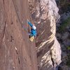 Allison climbing the superb rock and wild position on the third pitch. November 2012. 