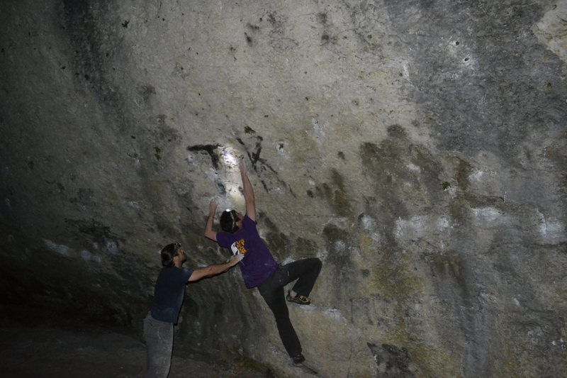 Dominik getting to the first of the three pockets. In the upper right hand corner you can see the where the flake broke out.