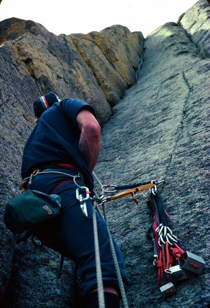 Soler, Devils Tower, WY 82' Hanging on the old piton before the anchor was bolted.  