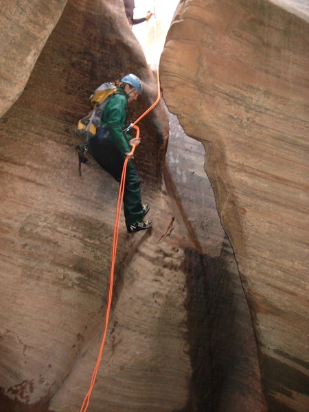 Rapping into cold water.  Keyhole Canyon, Zion, March 2012