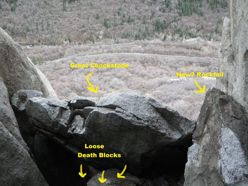 these pics were taken 12/5/12.  They show what looks like new rockfall onto the great chockstone