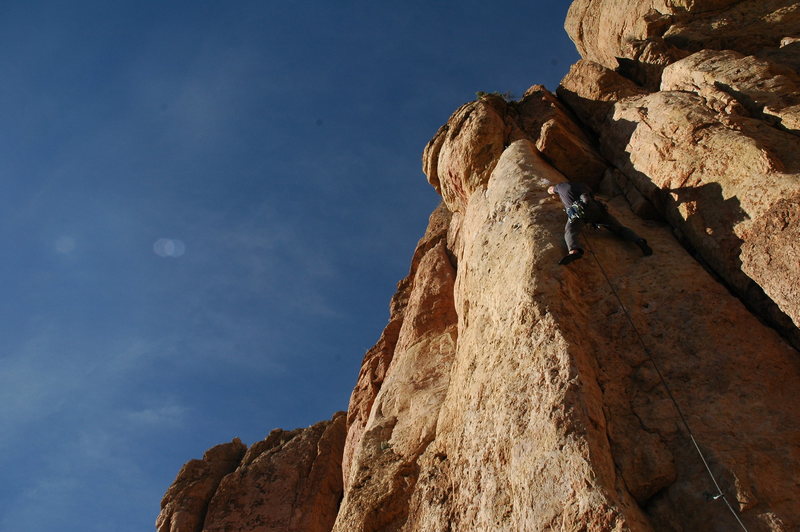 Traversing to the arete.