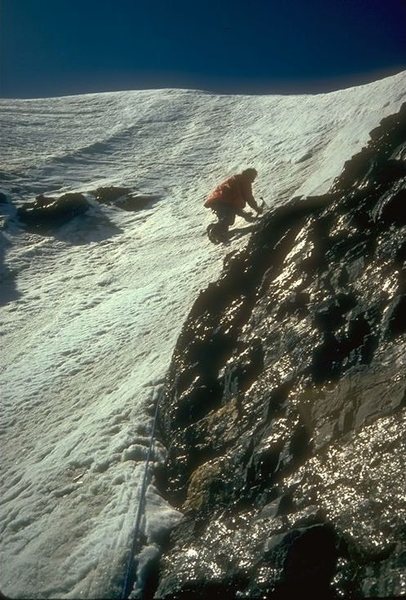 Steve Eddy, 1975, N Face above rock band near summit ridge