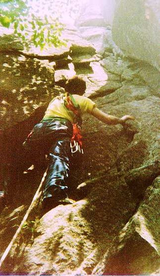 Paul Medici heading up on the FA of <em>Chicken Flake</em>. This may have been our first real FA on Crane Mountain.