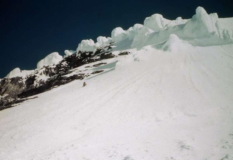 Descending steep snow above the ledges