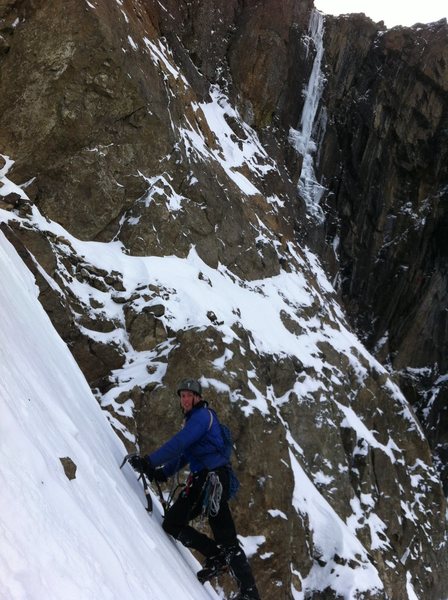 Travis down climbing the couloir after having climbed Hookers (visible in the back).