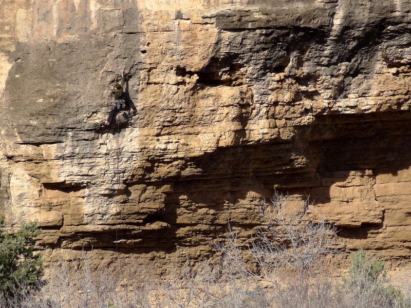 Climbing through the upper crux just a move away from the sweet rail (in limestone camouflage clothing.) December 2012. 