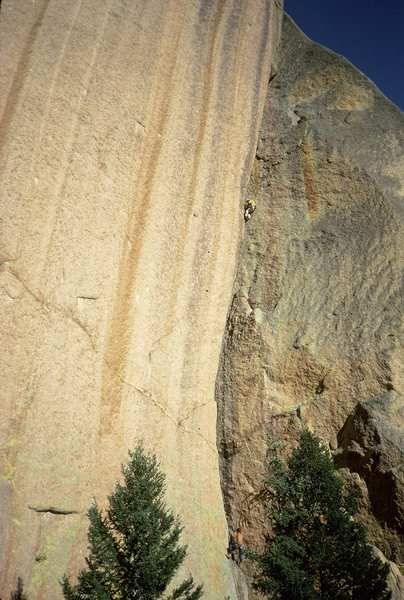 First ascent. Oct 1990. Me on pitch 2, Strappo belaying. Photo by Michelle Bauer (or was it Mrs. Strappo back then....). We had to return for pitch 3, so red webbing is already hanging from the next belay.