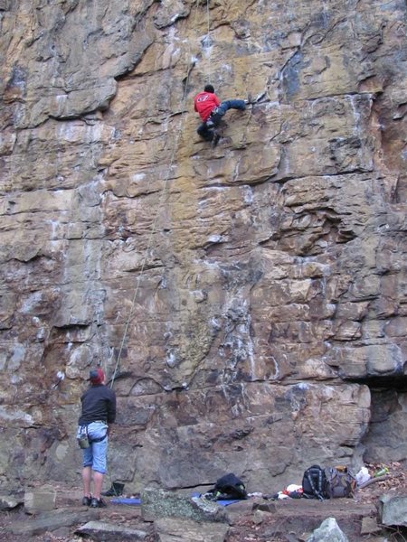 West side of the Crime Buttress, Foster Falls, TN. I forgot what the routes name or what grade it was. 