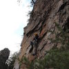 Davids Castle Wall<br>
<br>
Sadistic Rhythm (5.10-) trad<br>
<br>
Crowders Mountain State Park, North Carolina