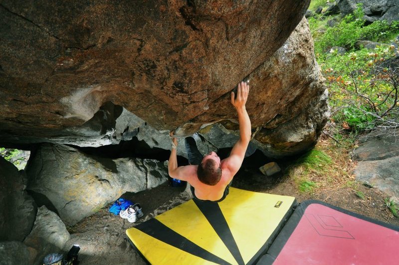 Me, ferrells, on Hanta Man crux. <br>
<br>
Maybe it's harder this way, but I preferred the open body feeling to this move rather than the scrunchy feeling of the alternative. 