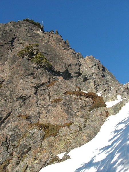 View of the South Face Route on The Tooth 5.4 viewed from the base.