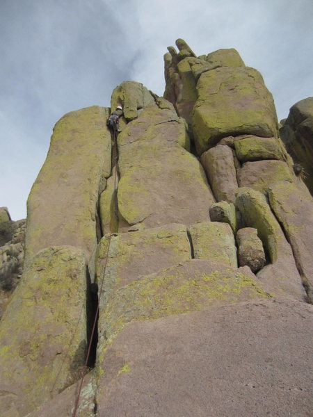 Third pitch. We went up the crack on the left and then over to the right and to the summit tower. There is just enough room to stand on the summit. Felt like a Black Hills, Needles summit!