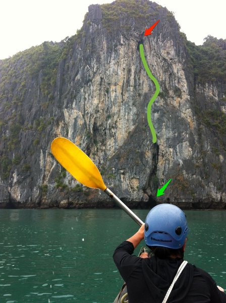 Starts in the cave marked by the green arrow, easier at low tide. Just follow the bolts.