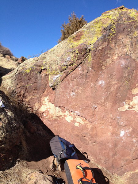 Suburban Skyline is up the left arete.<br>
Thin Face, V5 up the center....