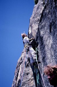 Phil Bircheff leading on the first Ascent of Lurking Fear, 1976