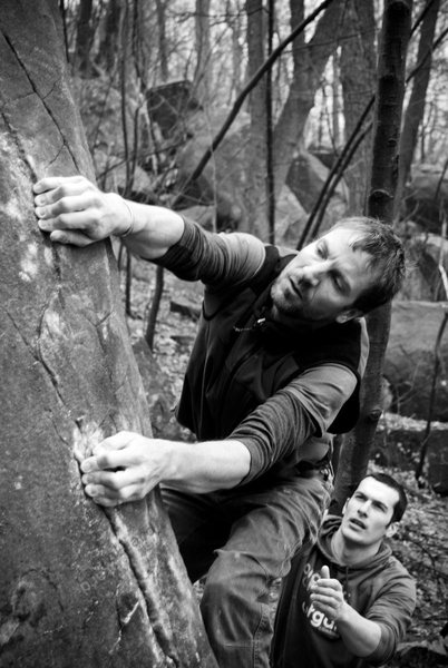 Steve laybacking the ultra-classic Shamoo (v5). Mount Gretna, PA. March 2011. danallardphoto.com