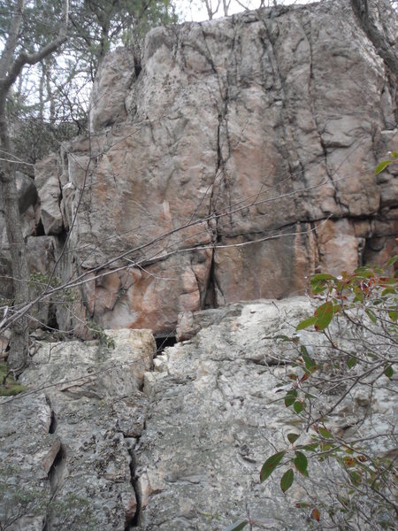 overhanging pillar on exploration wall.