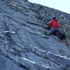 Steep climbing on the last pitch.