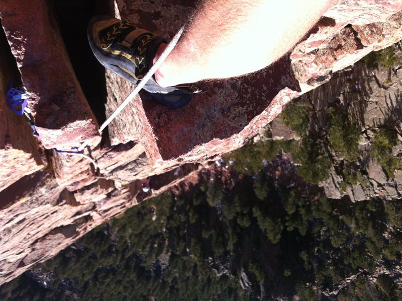 Looking down from midway up the final pitch of Gambit, Eldorado Canyon SP. Look closely and you may be able to spot the belayer...