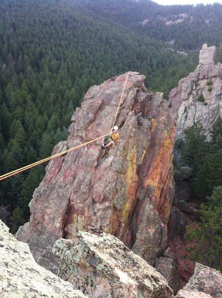 John mid-traverse. Tyrolean Traverse, Gregory Amphitheater, Flatirons.