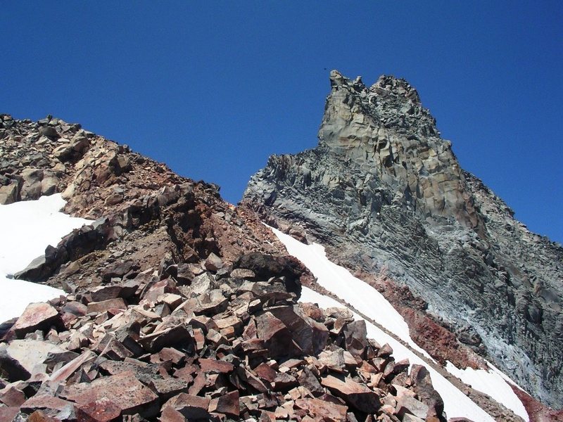 A view of the summit pinnacle taken below the saddle.