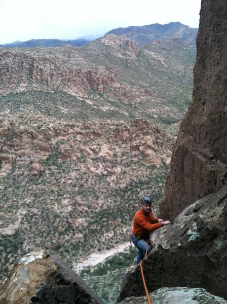 Levi coming up the last bit of face climbing on pitch 3.