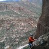 Levi coming up the last bit of face climbing on pitch 3.