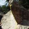 The line of Gravities Rainbow, 12b, on the Drunken Master Boulder.