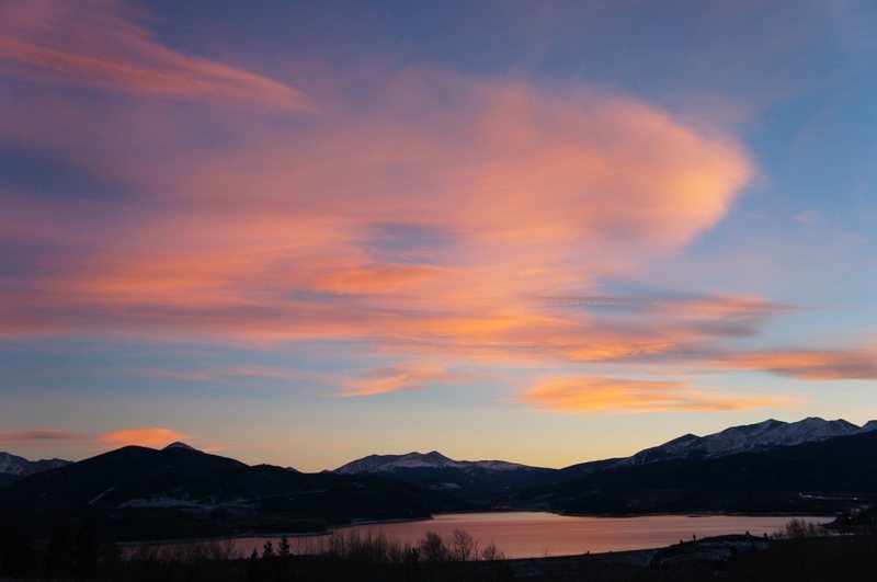 Sunset over Tenmile Range, Quandary right of center, Mosquito Range in center.