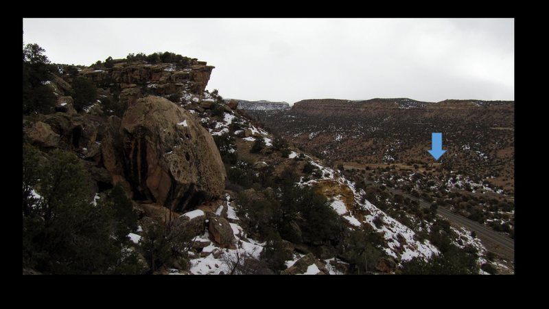 At the foreground on the left, Humpty Dumpty Boulder's north and east faces.  To the right, marked by the blue arrow, is Victoria's Secret Boulder.