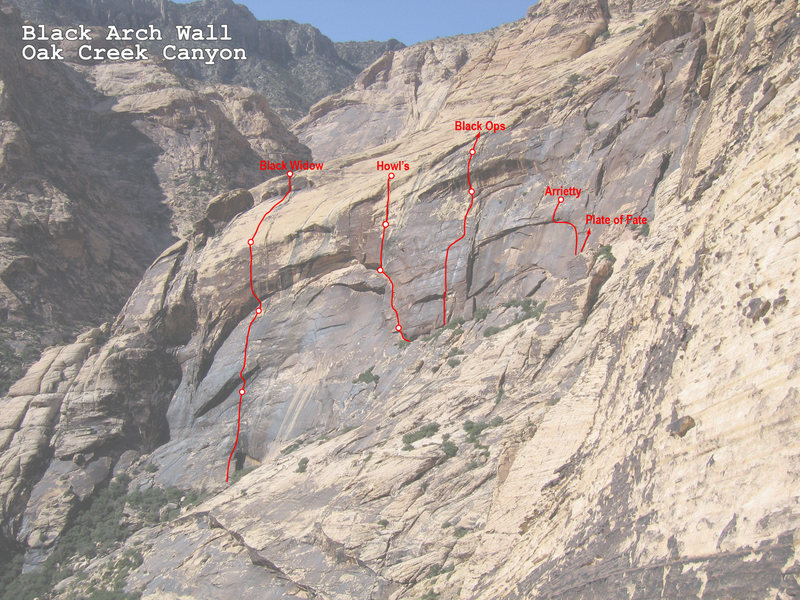 Modified photo showing Black Arch Wall routes.