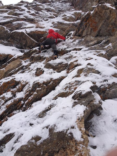 C. Belville navigating the bottom slab on the 2nd ascent of "Plan C".