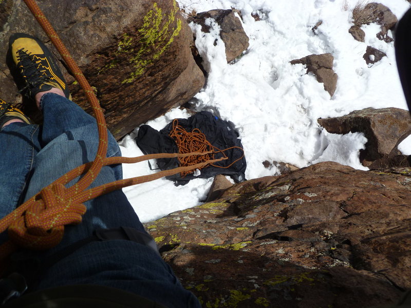 Looking down while climbing the chimney.